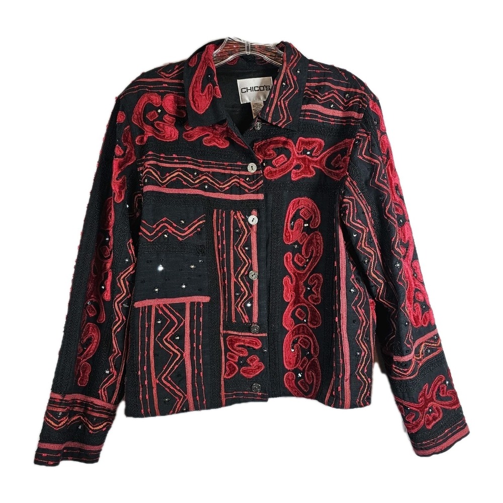 Chicos Red Black Embroidered Lightweight Jacket Top Button Front Size 1 (Med)